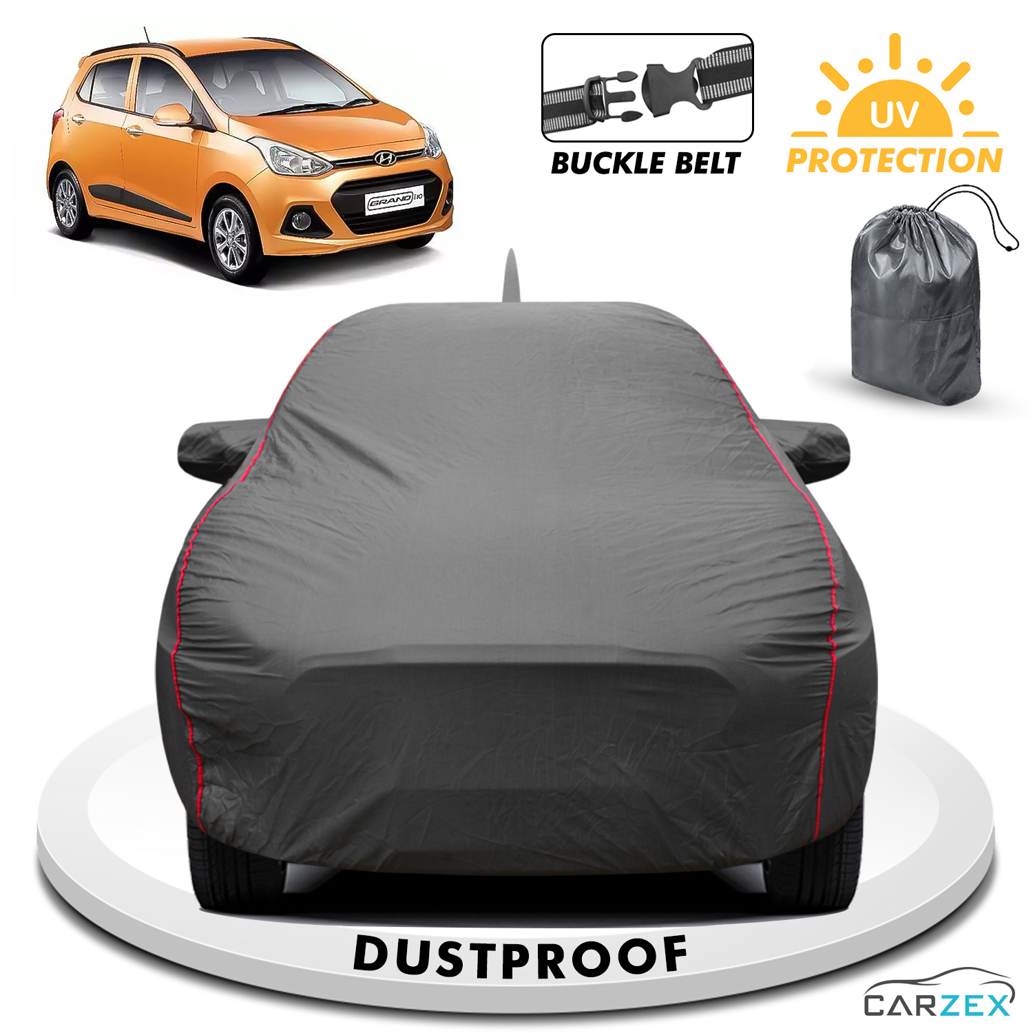 Carzex 2x2 Heavy Duty Red Border Car Body Cover Without Antenna For Hyundai Grand i10